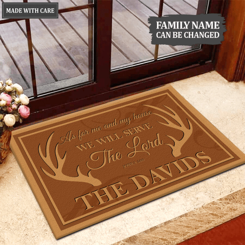 Rustic Buck Antlers Serve The Lord Personalized Doormat