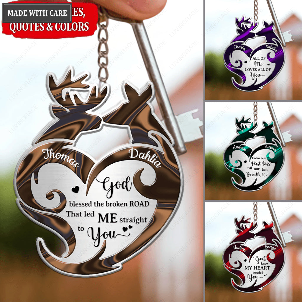 Deers For Couple Tribal Heart Personalized Keychain