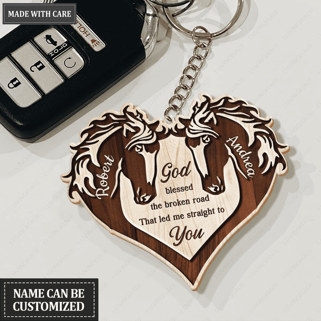 Heart Of Horses God Blessed Personalized Wooden Keychain