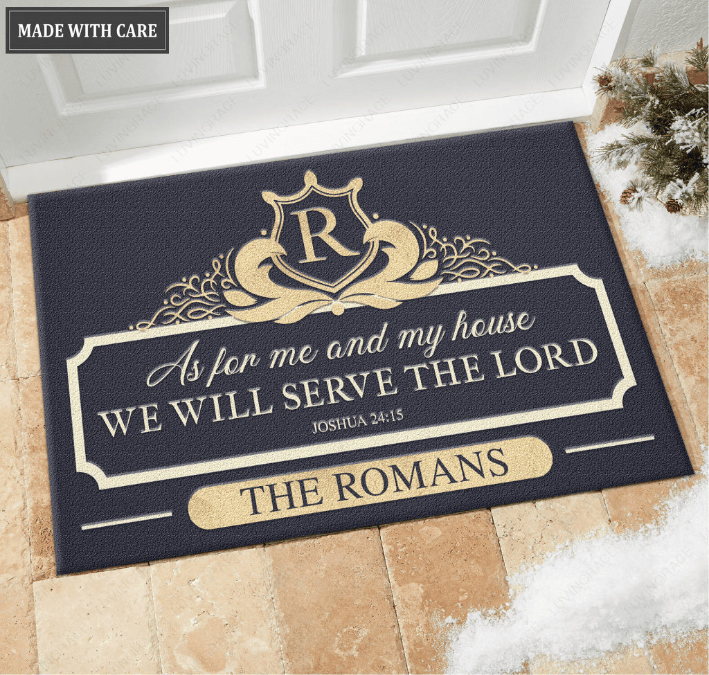 Personalized Elegant Shield Monogram Serve The Lord Doormat