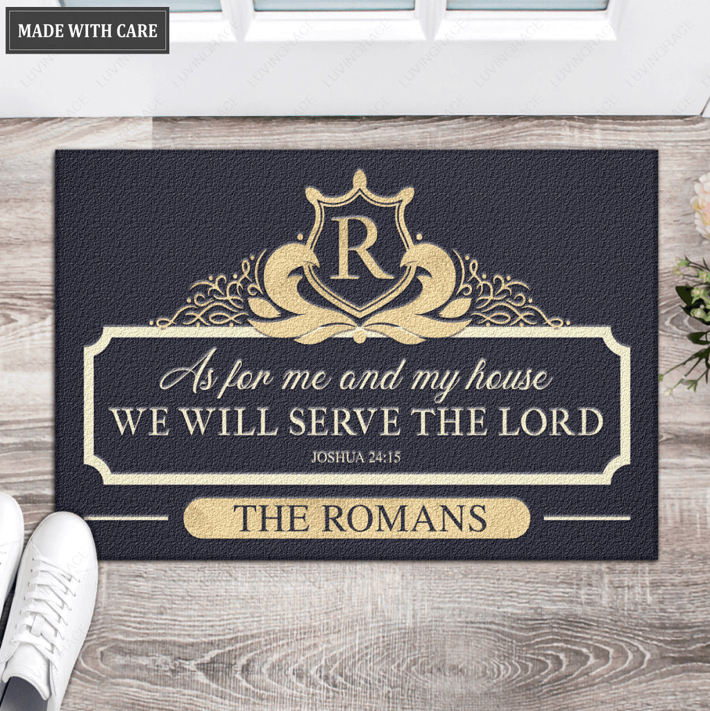 Personalized Elegant Shield Monogram Serve The Lord Doormat