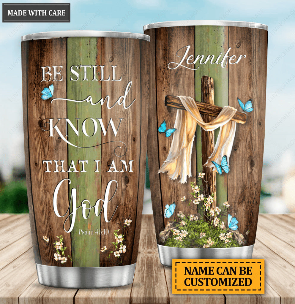 Wooden Cross Be Still Personalized Tumbler