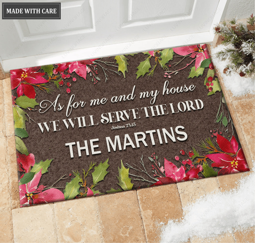 Personalized Holly Steams Poinsettia Serve The Lord Doormat