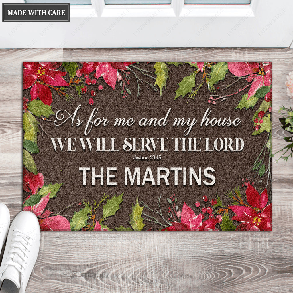 Personalized Holly Steams Poinsettia Serve The Lord Doormat