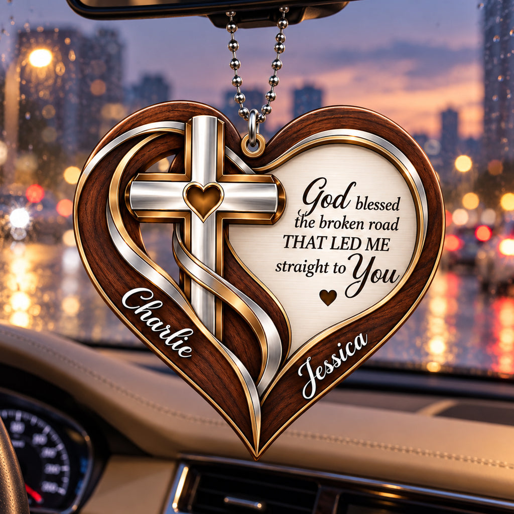 Personalized Names Wood Cross God Blessed Heart Ornament - Romantic Faith Gift for Couples