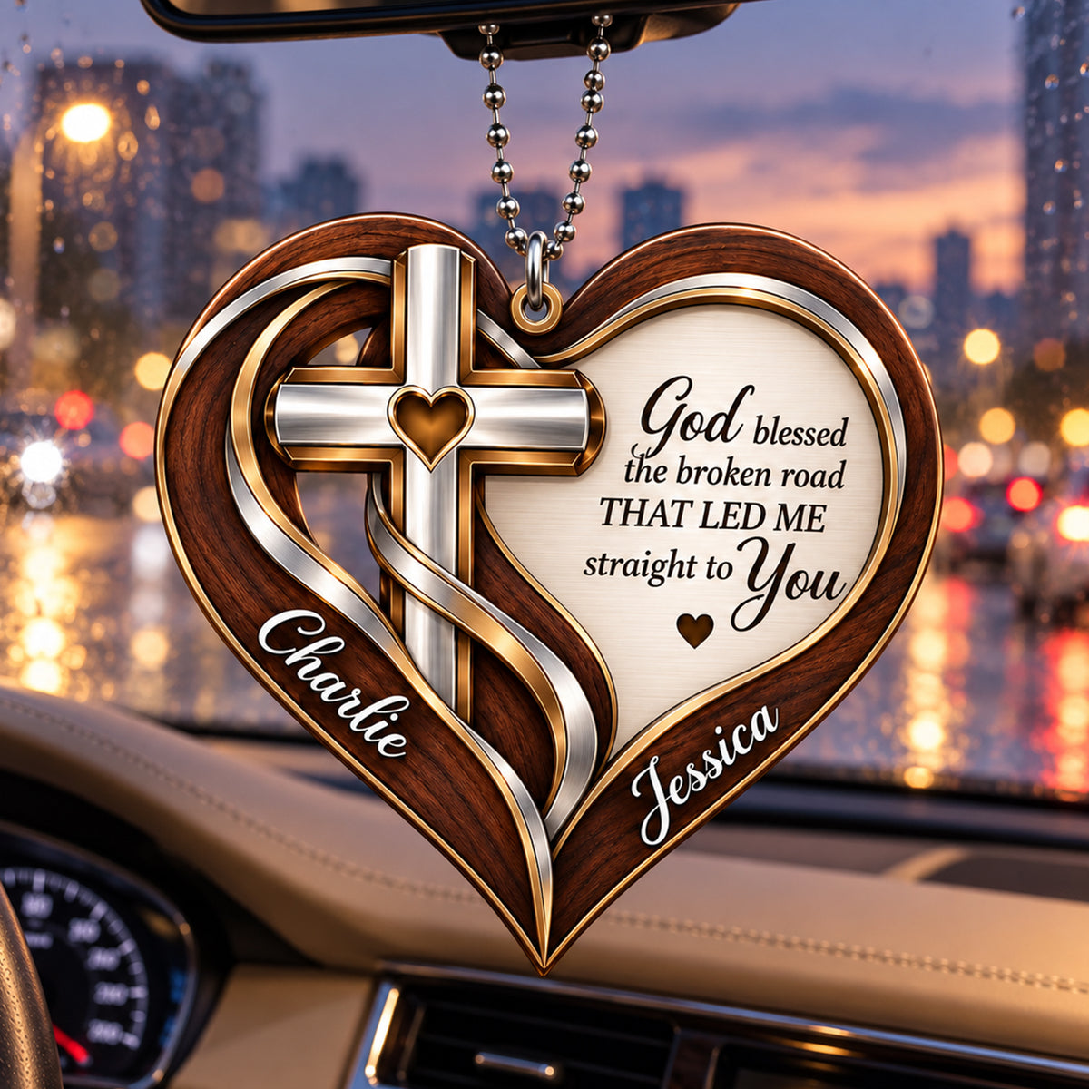 Personalized Names Wood Cross God Blessed Heart Ornament - Romantic Faith Gift for Couples