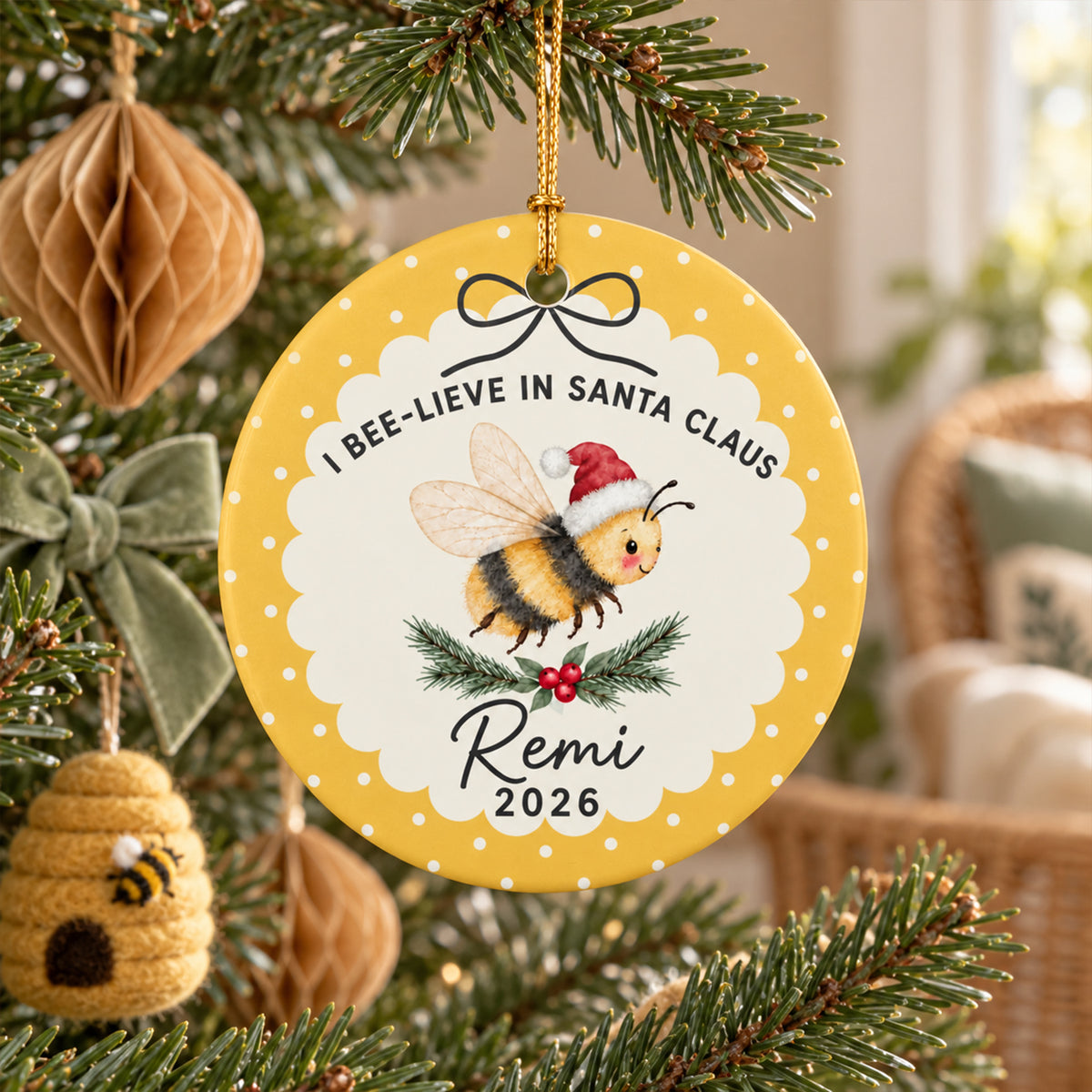 Personalized Name I Bee-lieve in Santa Claus Christmas Ornament