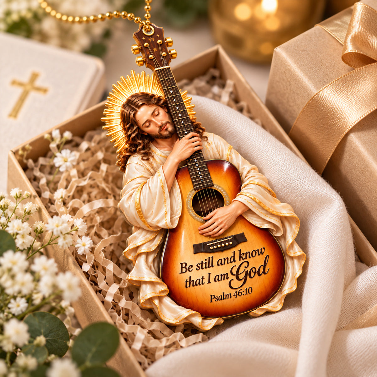 Be Still and Know That I Am God – Jesus Hugging Guitar 3D Ornament, Christian Faith Gift