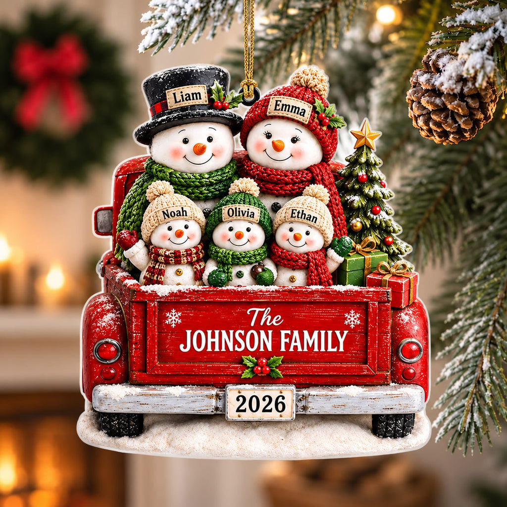 Personalized Snowman Family Christmas Truck 3D Ornament – Custom Names & Family Name Christmas Gift