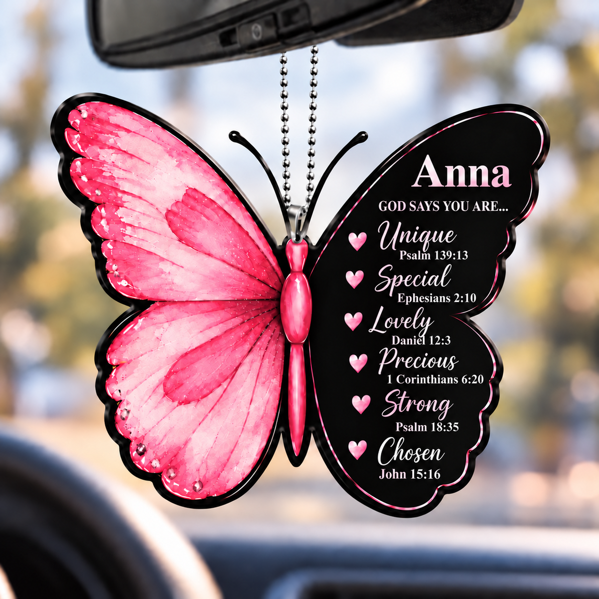 Personalized Name Black Pink Butterfly Ornament  - God Says You Are Car Ornament Gift for Her, Christian Gift for Jesus Lovers