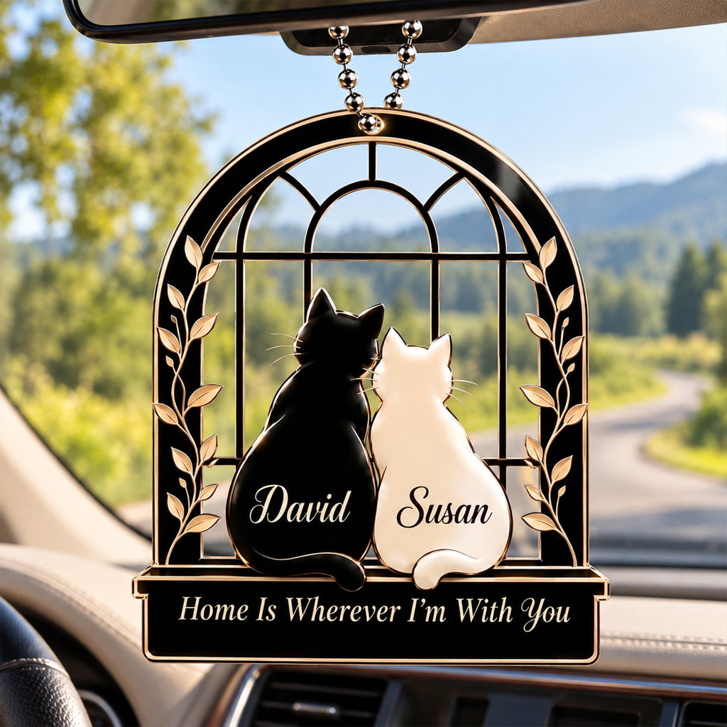 Personalized Names Home Is Wherever I'm With You Black and White Cat Couple Car Ornament