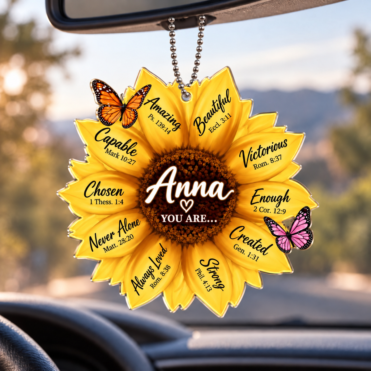 Personalized Sunflower Christian Ornament - Custom Name You Are Strong Sunflower Car Ornament -Inspirational Gift for Her