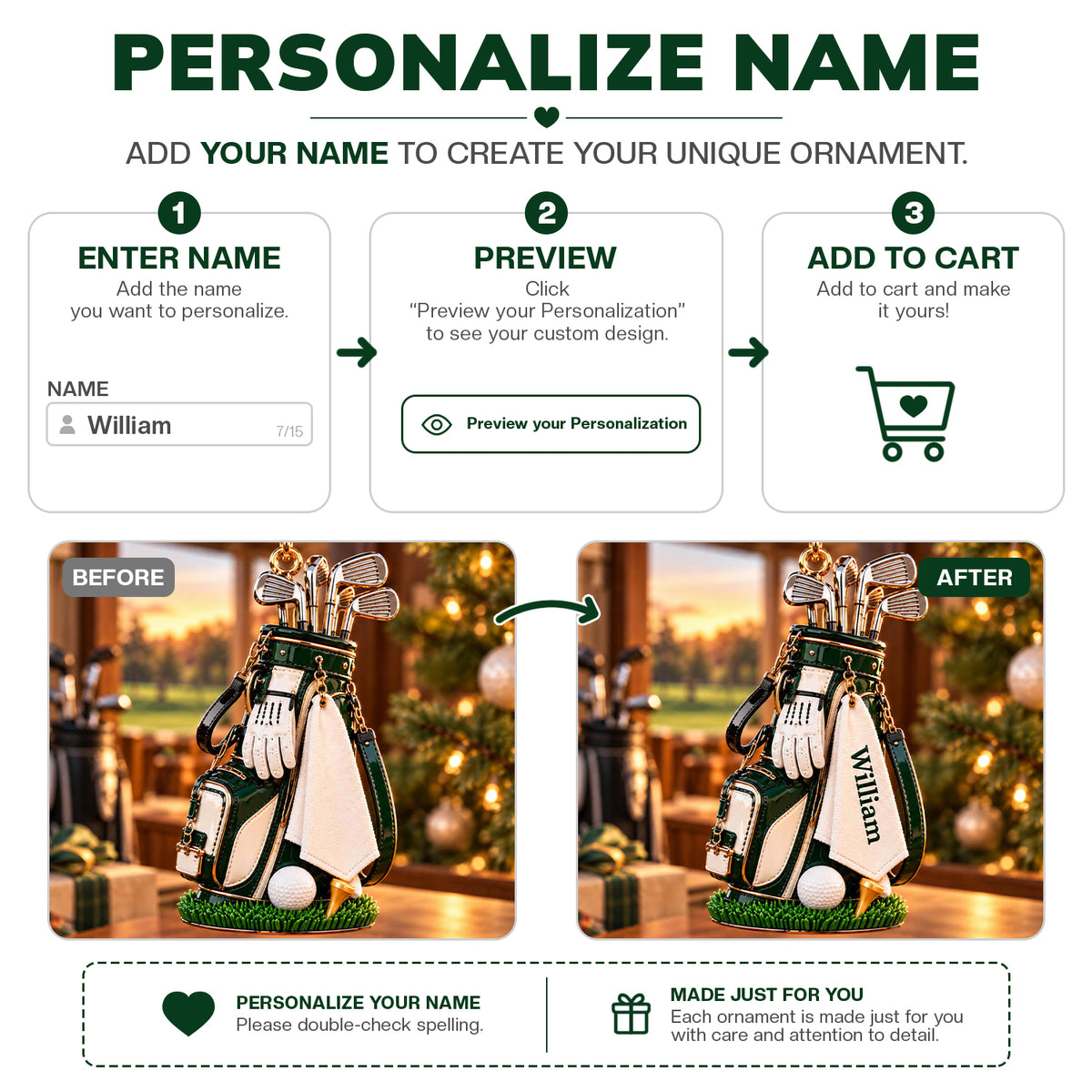 3D Raised Personalized Golf Glove Bag Christmas Ornament