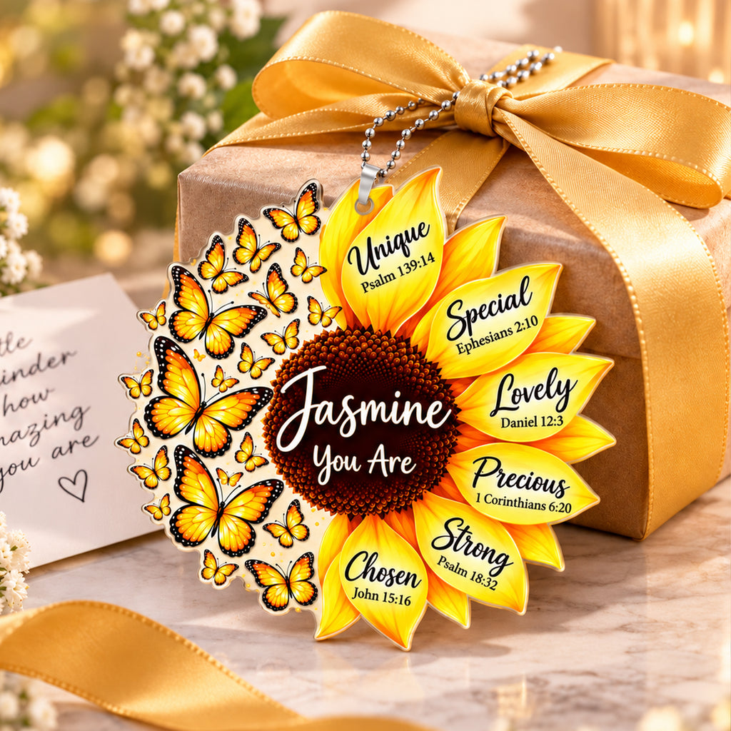 Personalized Names You Are Butterflies and Sunflower Car Ornament - Faith Gift for Her