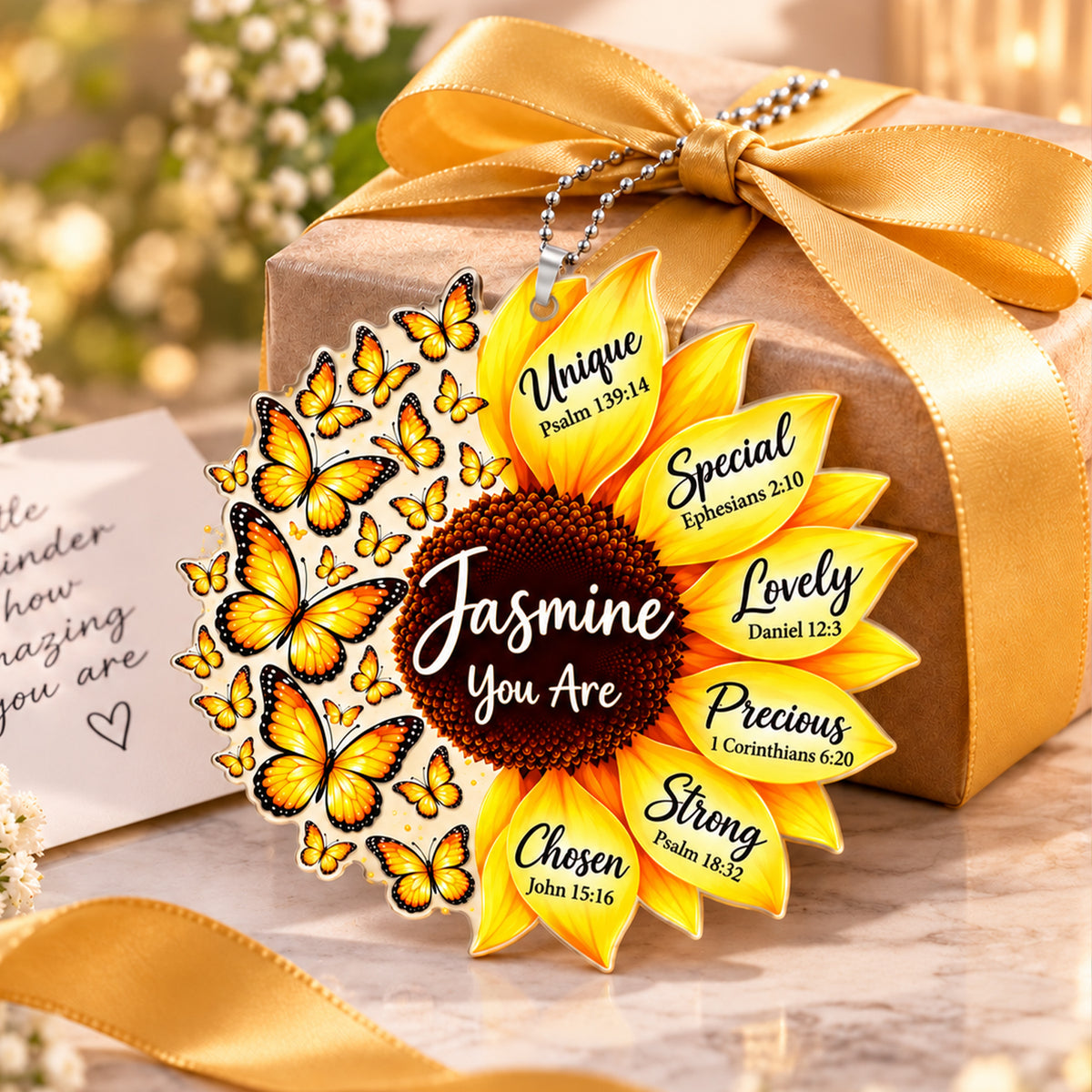 Personalized Names You Are Butterflies and Sunflower Car Ornament - Faith Gift for Her