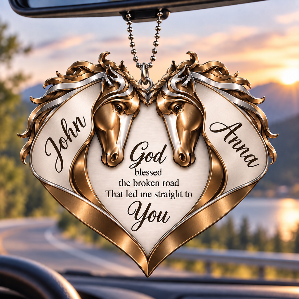Couple Horse Heart God Blessed Personalized Ornament - Custom Names Horse Couple Heart Car Ornament Gift for Couples, Anniversary Gifts for Husband & Wife