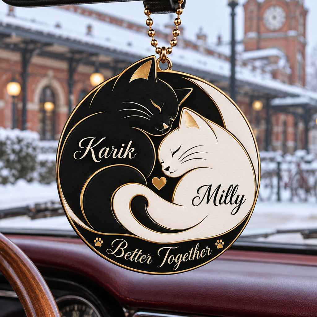 Personalized Names Yin Yang Cat Couple Ornament – Anniversary Gift for Him & Her