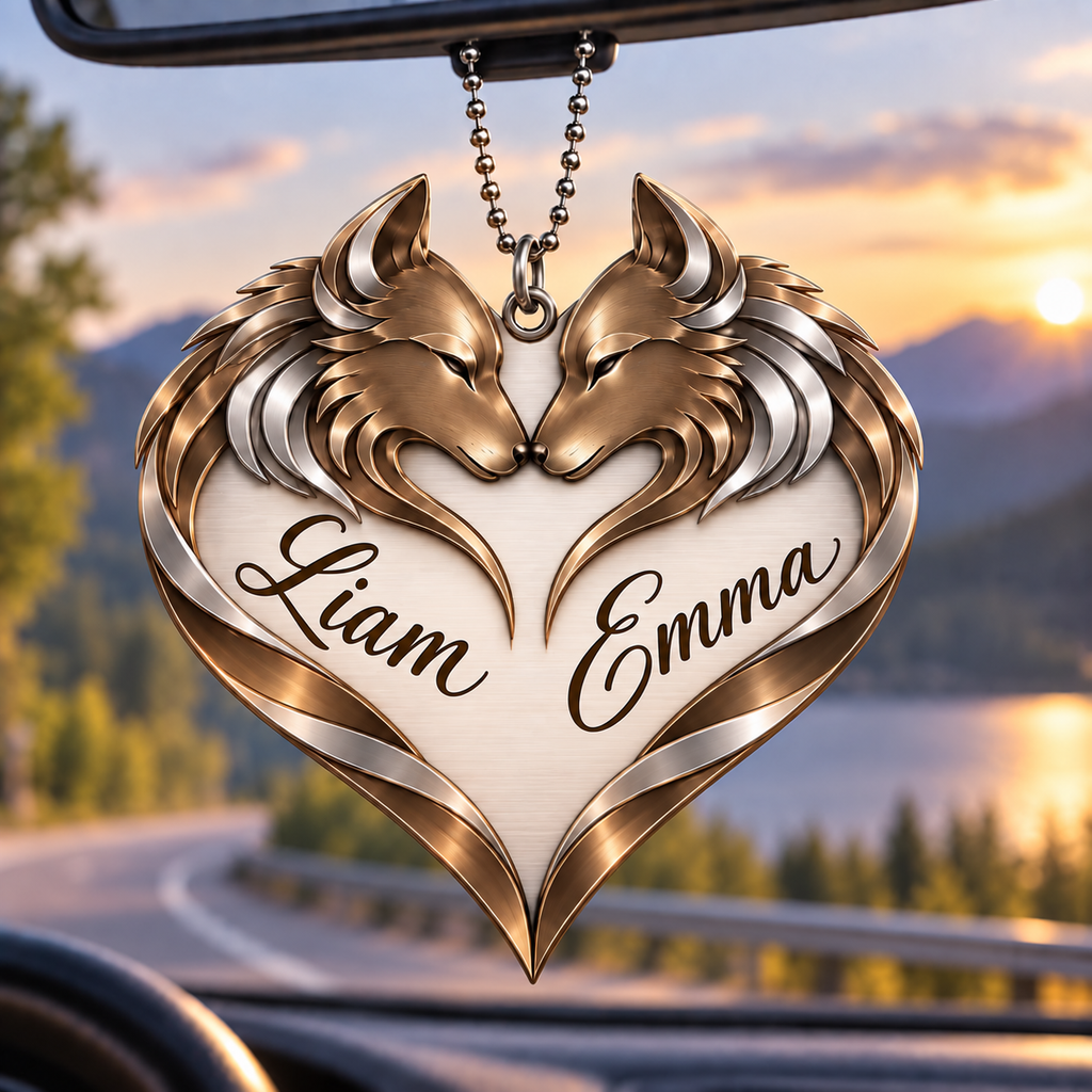 Couple Wolf Heart Personalized Ornament - Custom Names Wolf Couple Heart Car Ornament Gift for Couples, Anniversary Gifts for Husband & Wife
