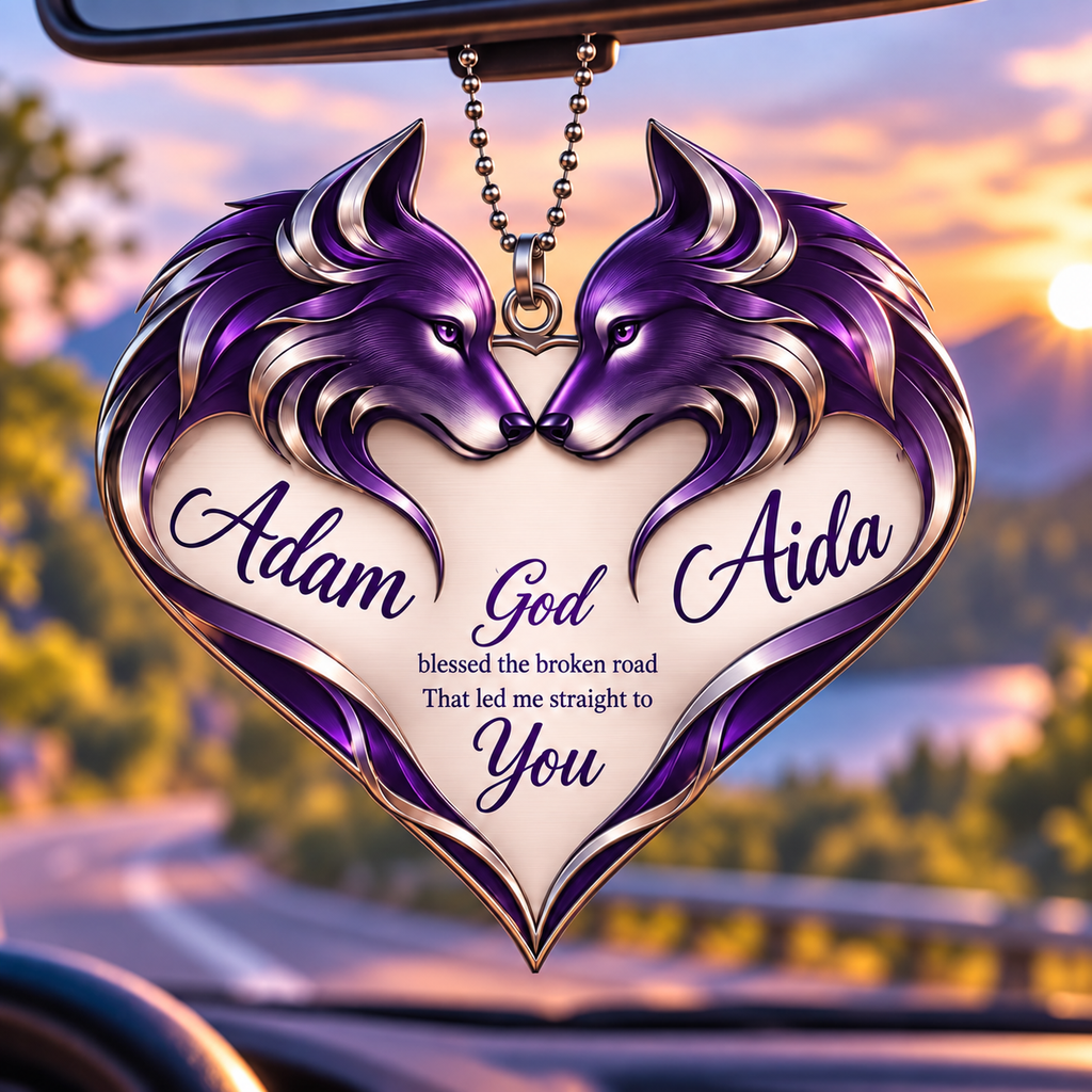 Couple Wolf Heart Personalized Ornament - Custom Names God Blessed Heart Wolf Couple Car Ornament Gift for Couples, Anniversary Gifts for Husband & Wife
