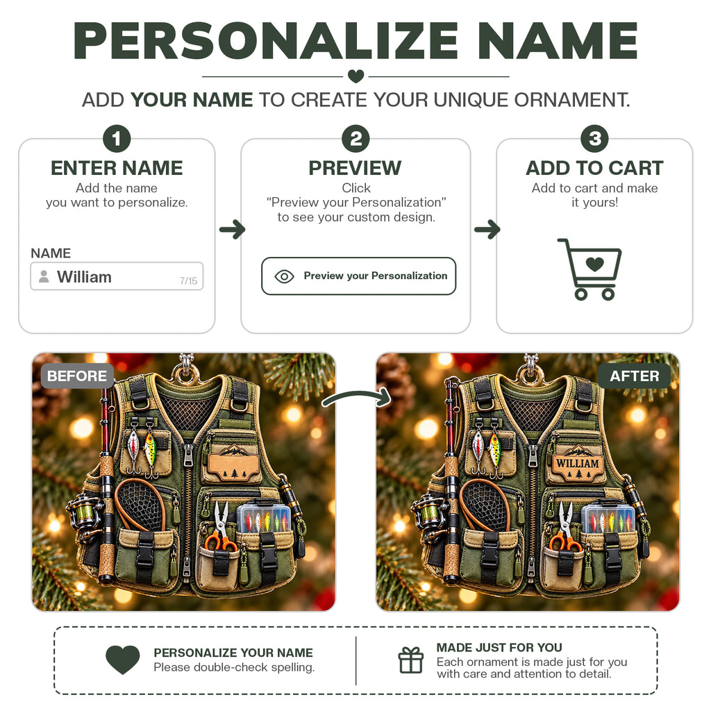 3D Raised Personalized Fishing Vest Christmas Ornament