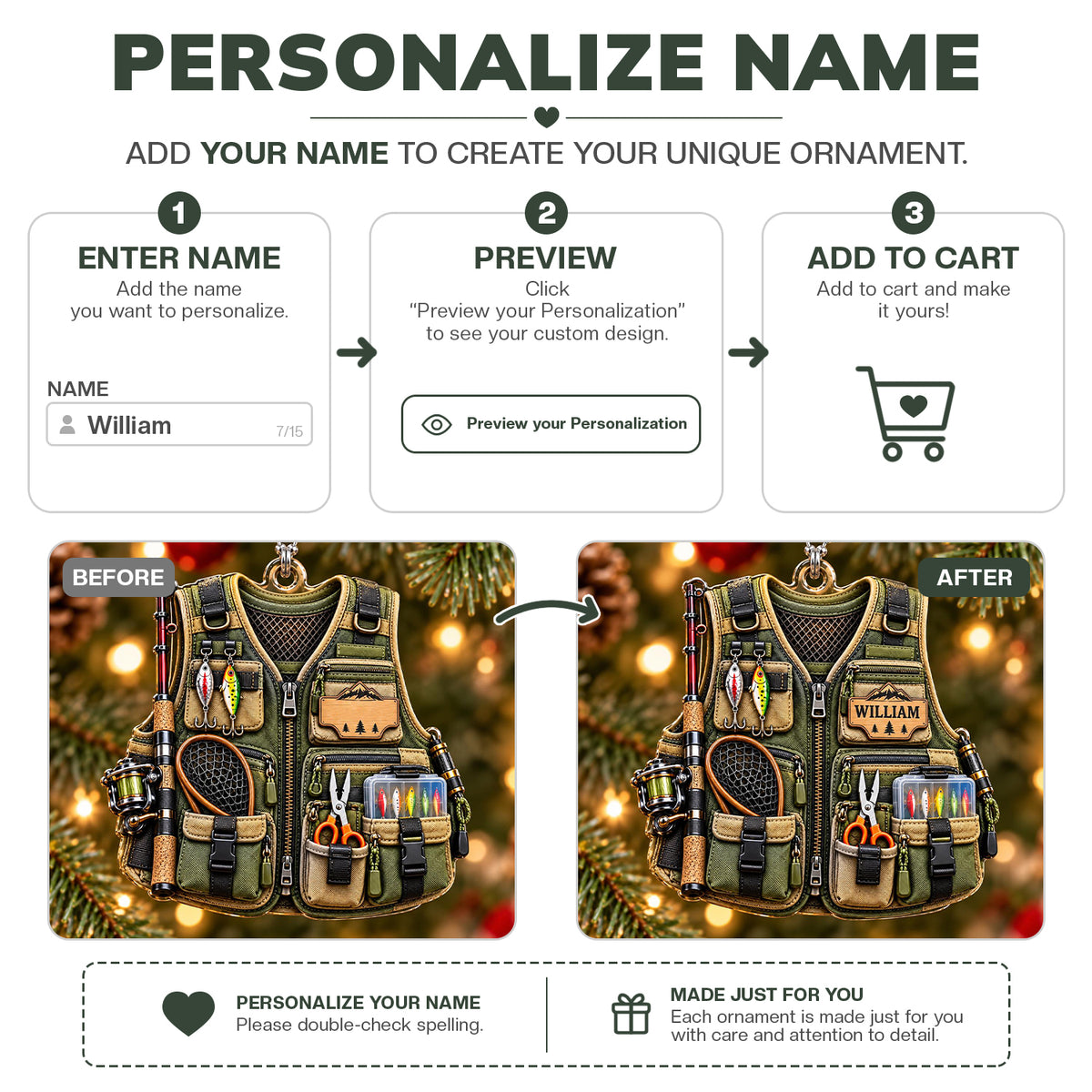 3D Raised Personalized Fishing Vest Christmas Ornament