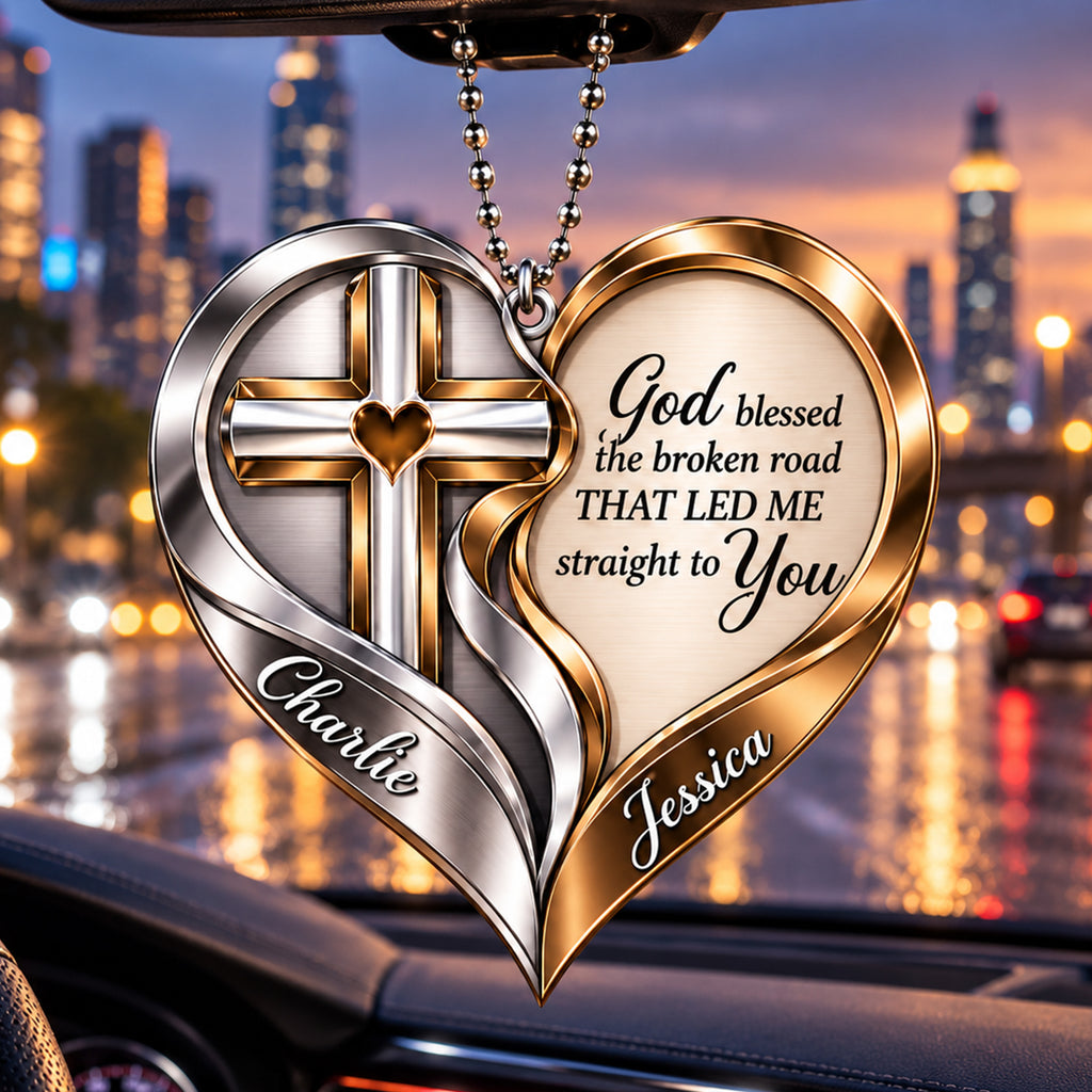 Personalized Names Interlocking Cross God Blessed Heart Ornament – Anniversary Gift for Him & Her
