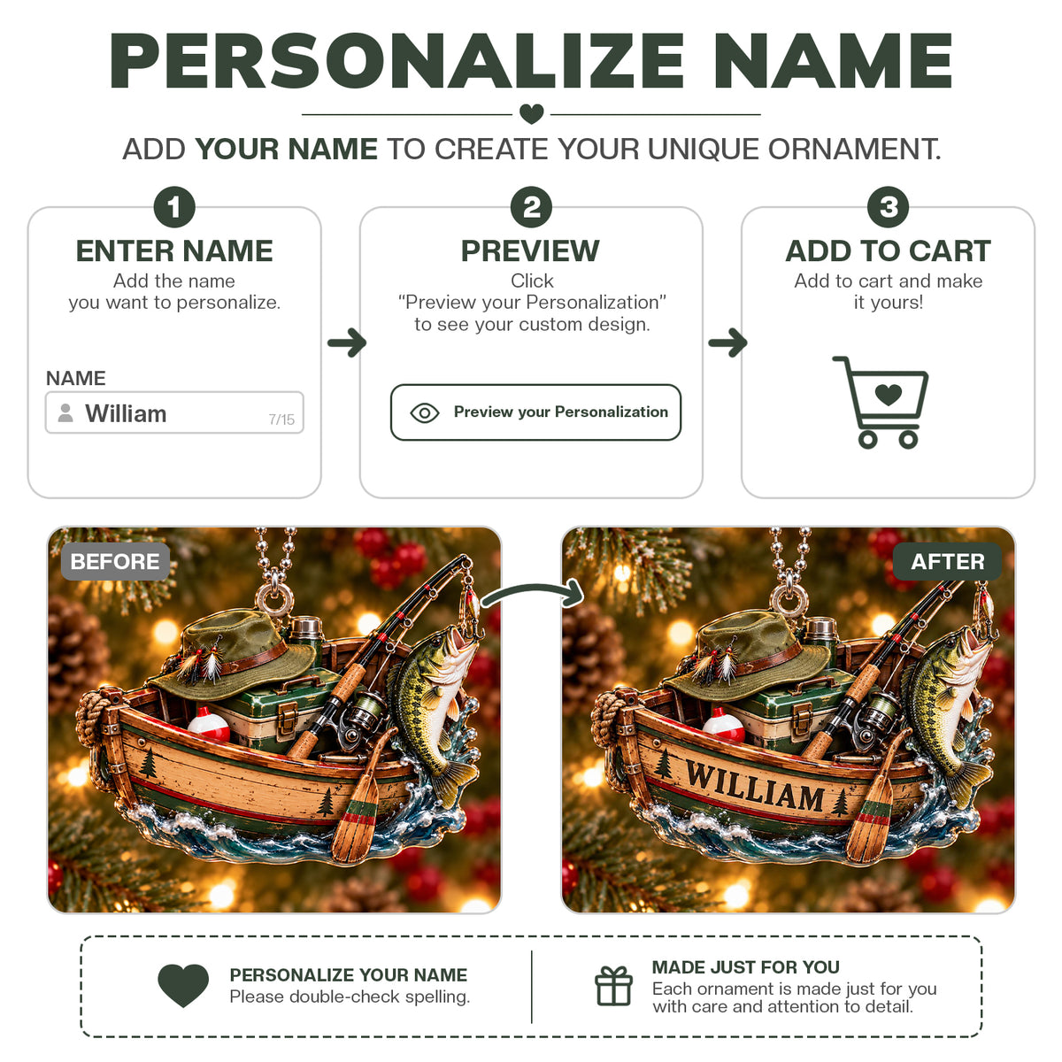3D Raised Personalized Fishing Boat Christmas Ornament