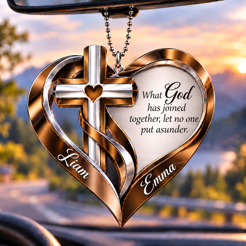 Personalized Names Memorial Cross Heart Ornament – What God Has Joined Together Car Ornament - Ideal Gift for Couples, Anniversary Gift for Jesus Lovers