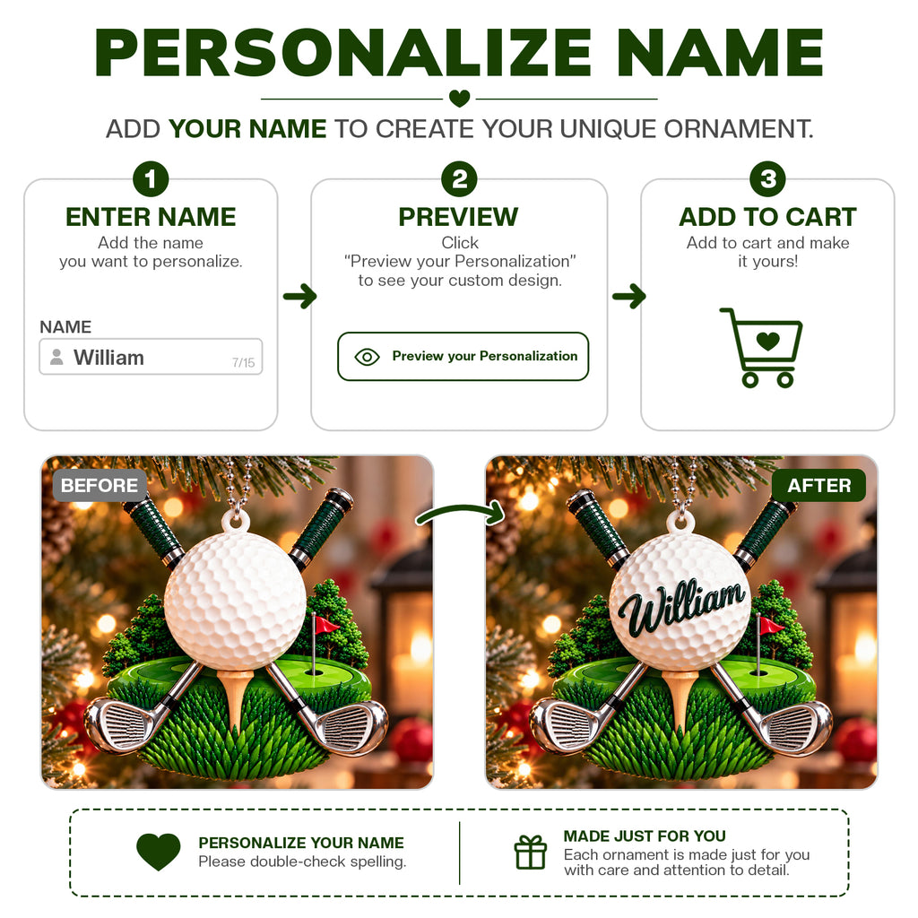 3D Raised Personalized Golf Ball Christmas Ornament