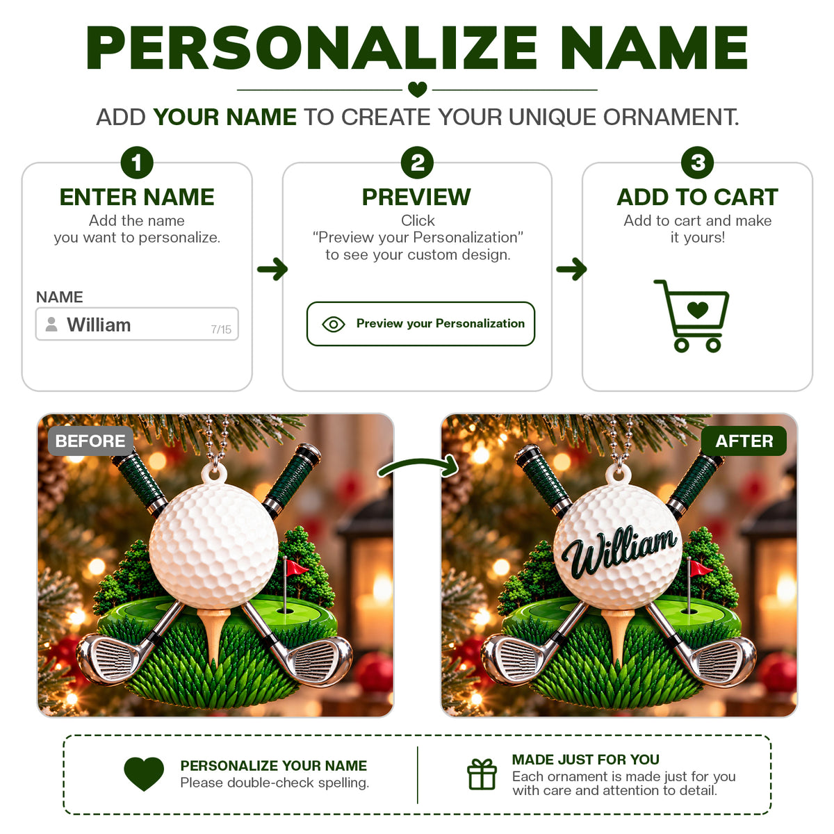 3D Raised Personalized Golf Ball Christmas Ornament