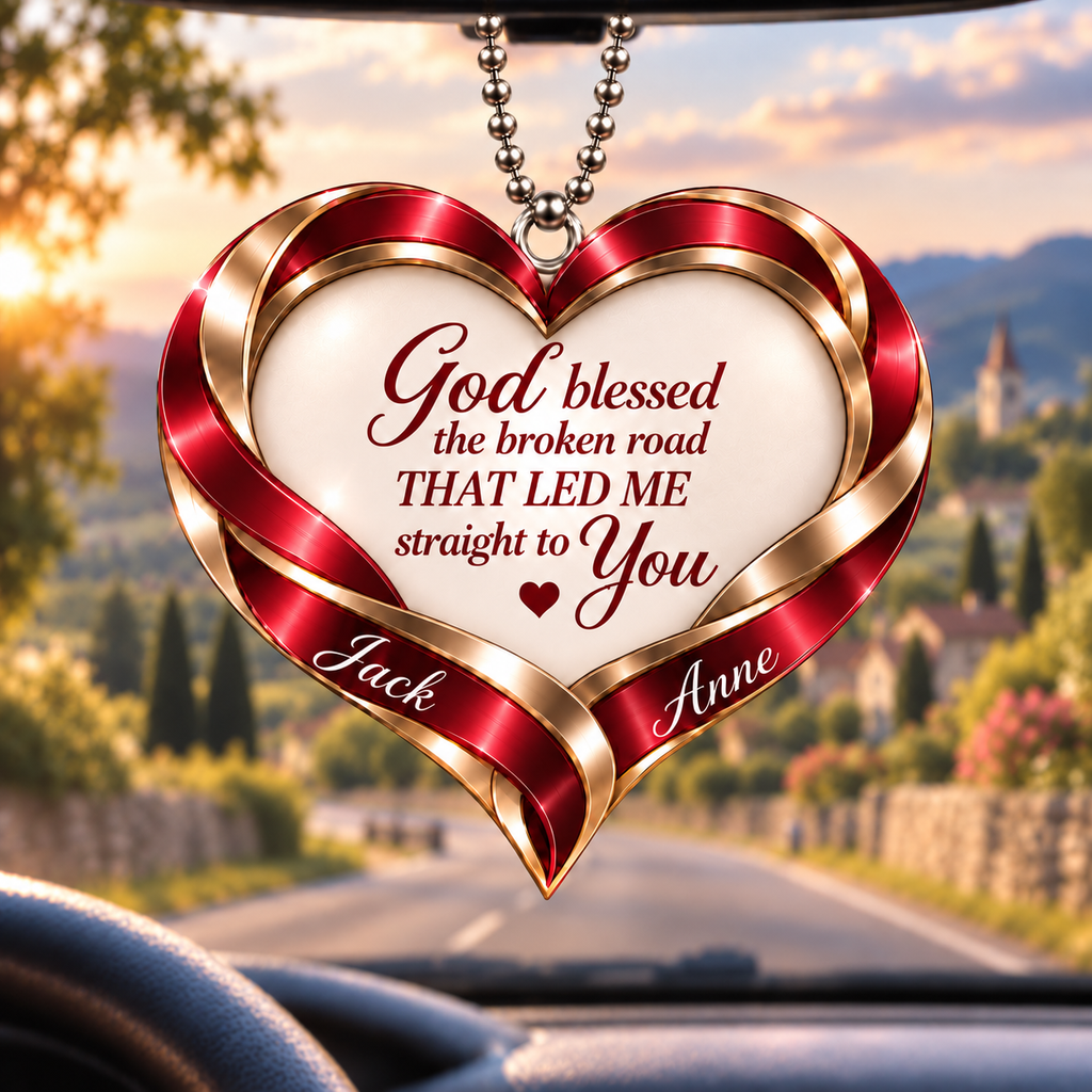Personalized Romantic Christian Heart Ornament – Custom Names God Blessed Heart Car Ornament - Anniversary Gift for Couples, Gift for Wedding