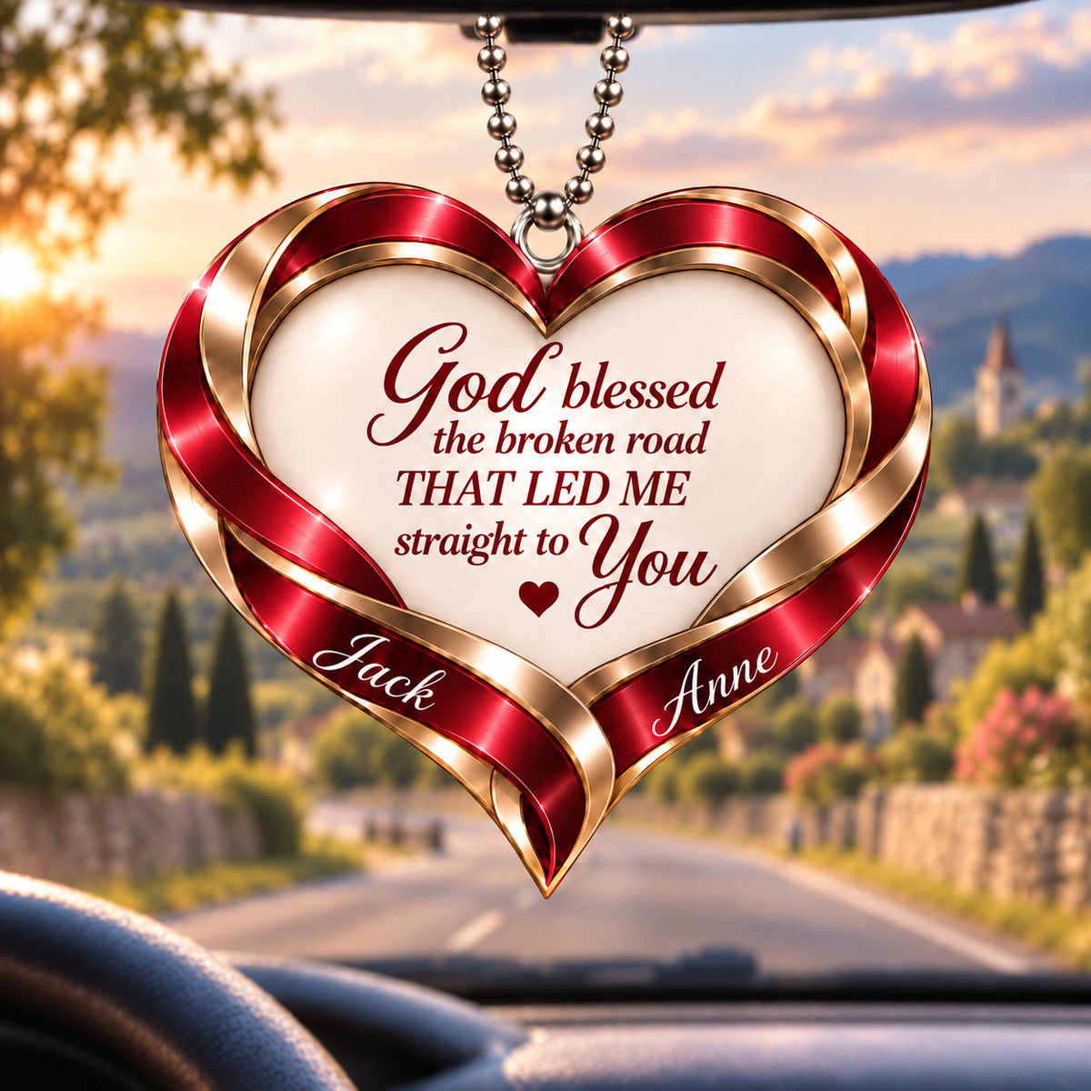 Personalized Romantic Christian Heart Ornament – Custom Names God Blessed Heart Car Ornament - Anniversary Gift for Couples, Gift for Wedding