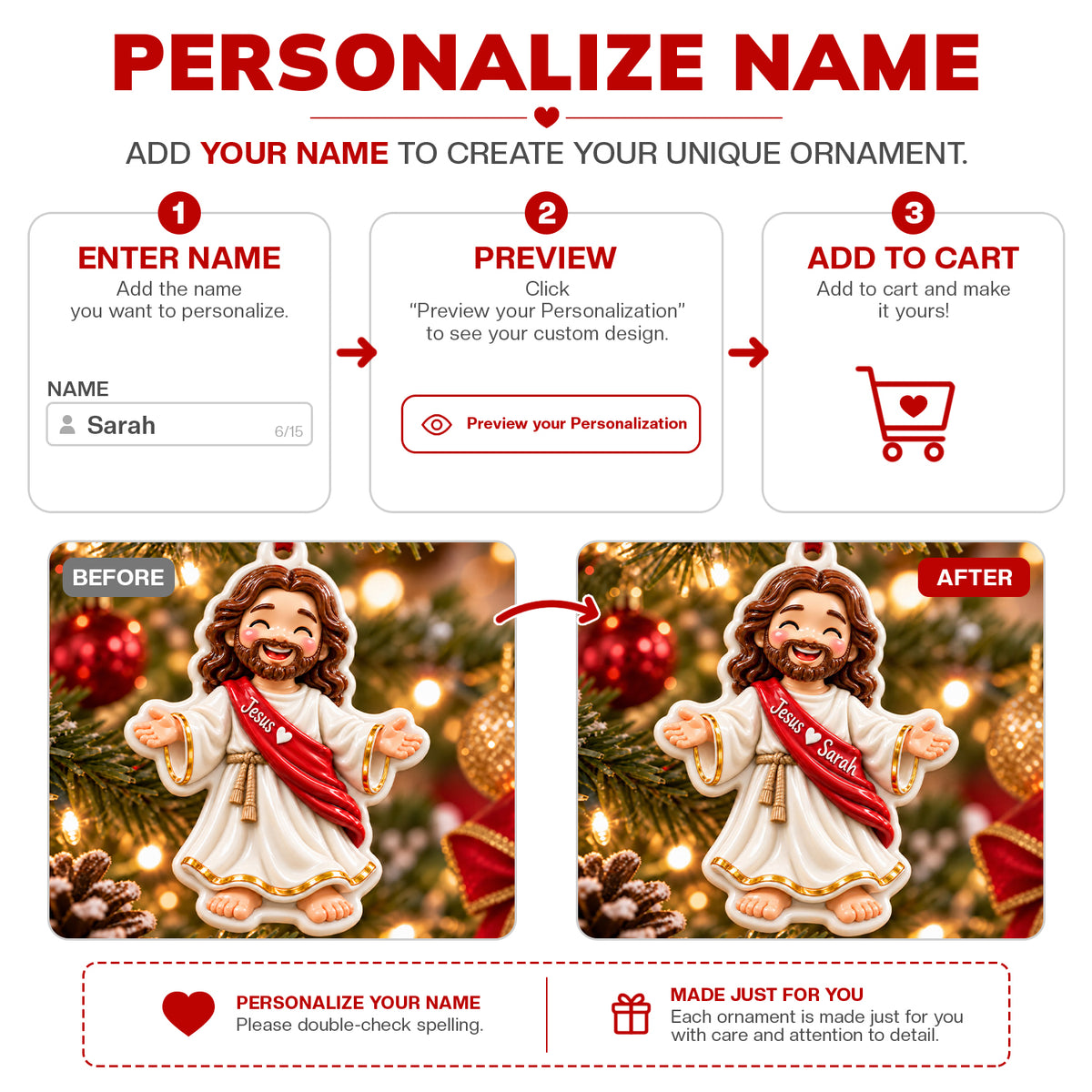 3D Raised Personalized Jesus Christmas Ornament - Christian Religious Gift