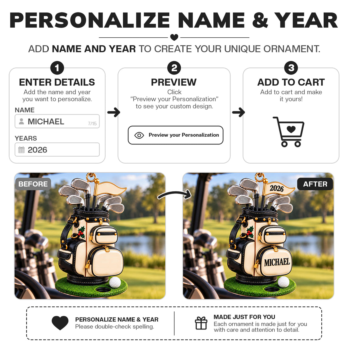 3D Raised Personalized Golf Bag Christmas Ornament – Custom Golfer Gift