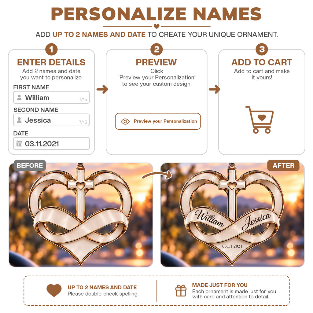 Personalized Infinity Heart Cross Christmas Ornament – Couple Gift