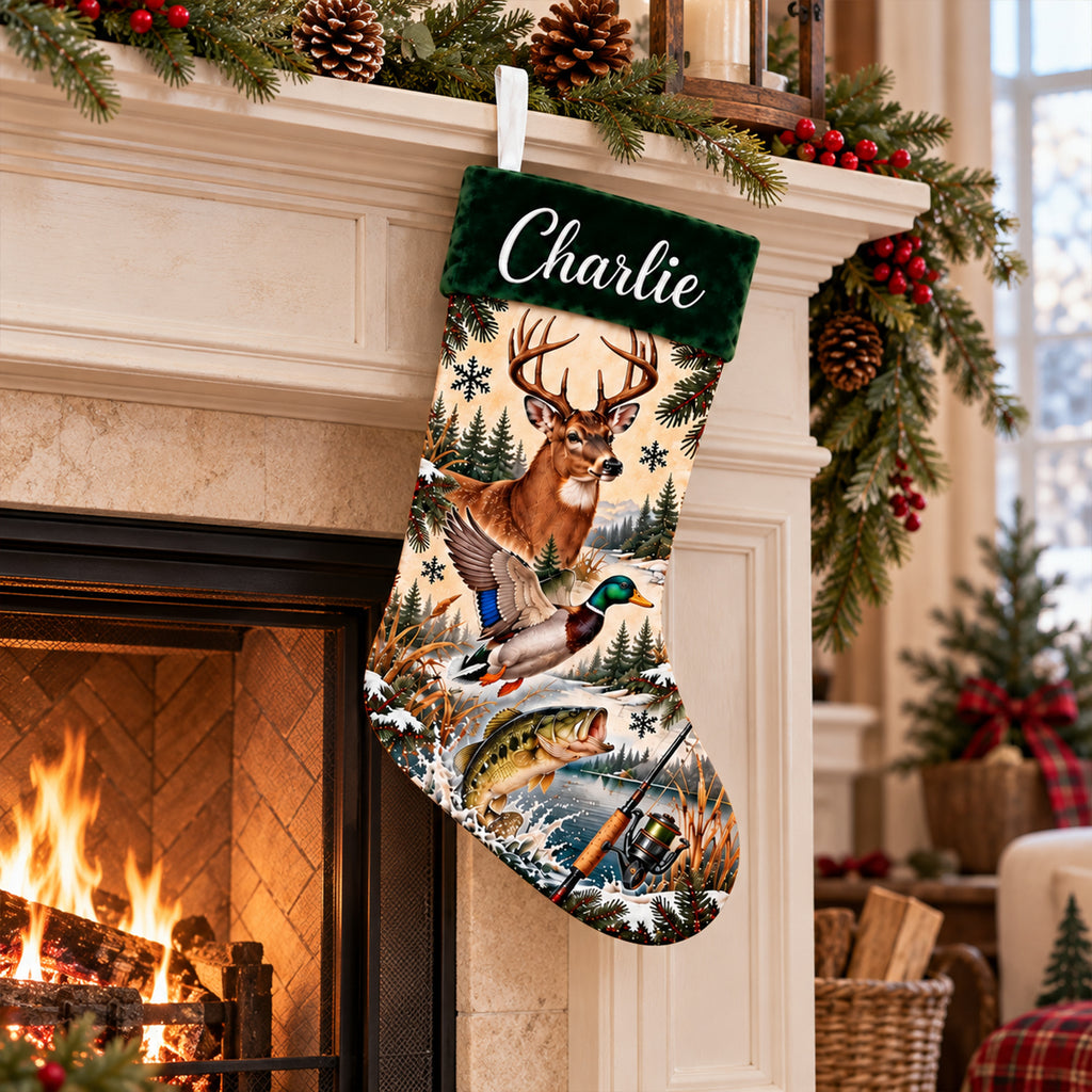 Personalized Hunting & Fishing Christmas Stocking – Custom Name Deer, Duck & Bass Design