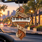 Personalized Name Piano Cross Car Ornament - Gift for Music Lovers, Artist Faith Keepsake