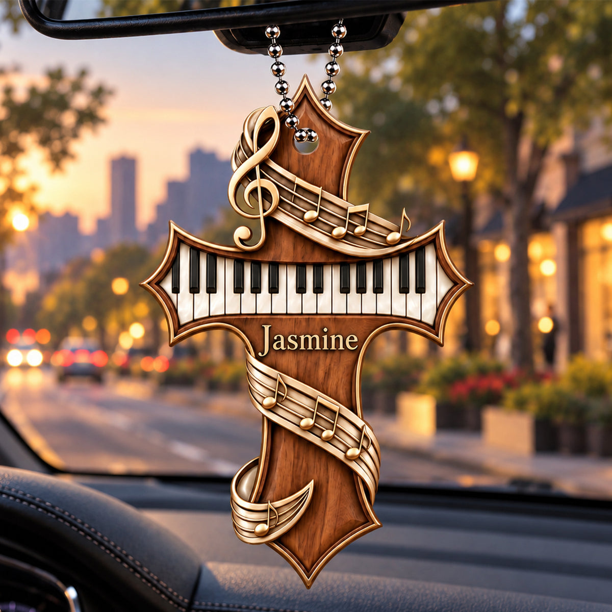 Personalized Name Piano Cross Car Ornament - Gift for Music Lovers, Artist Faith Keepsake