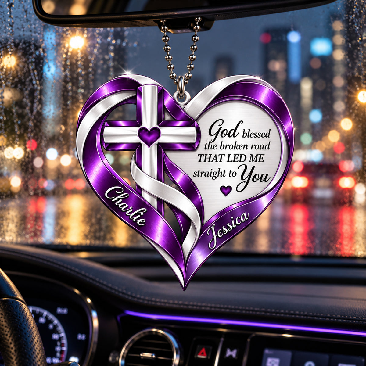 Personalized Names Purple God Blessed Heart Car Ornament - Christian Faith Gift for Couples