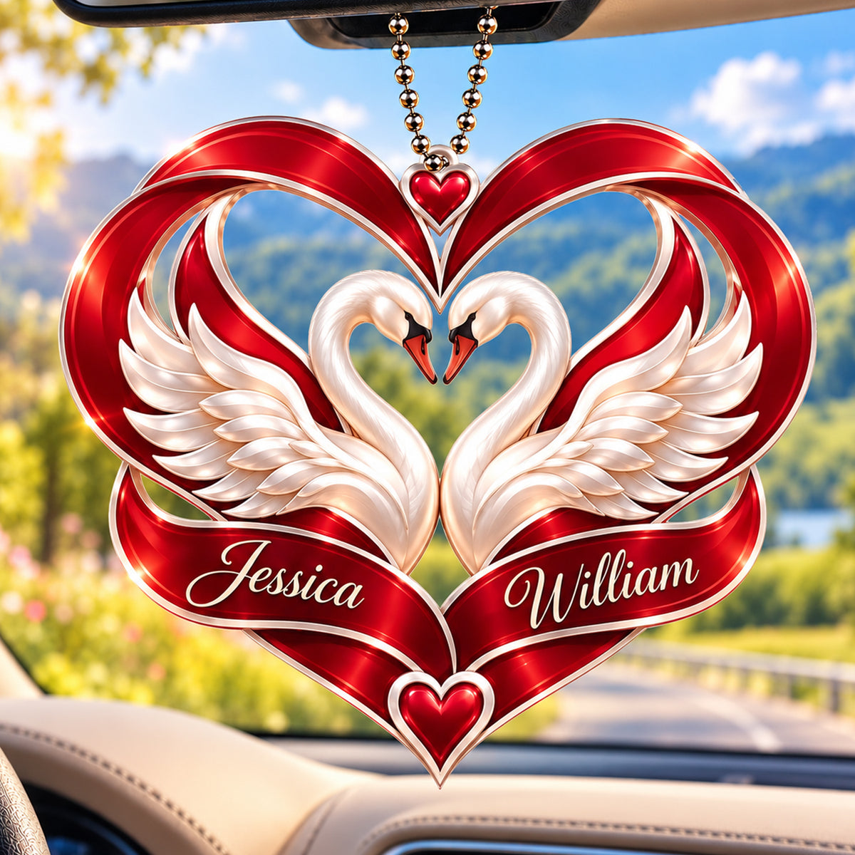 Personalized Names Swan Couple Heart Car Ornament – Anniversary Keepsake