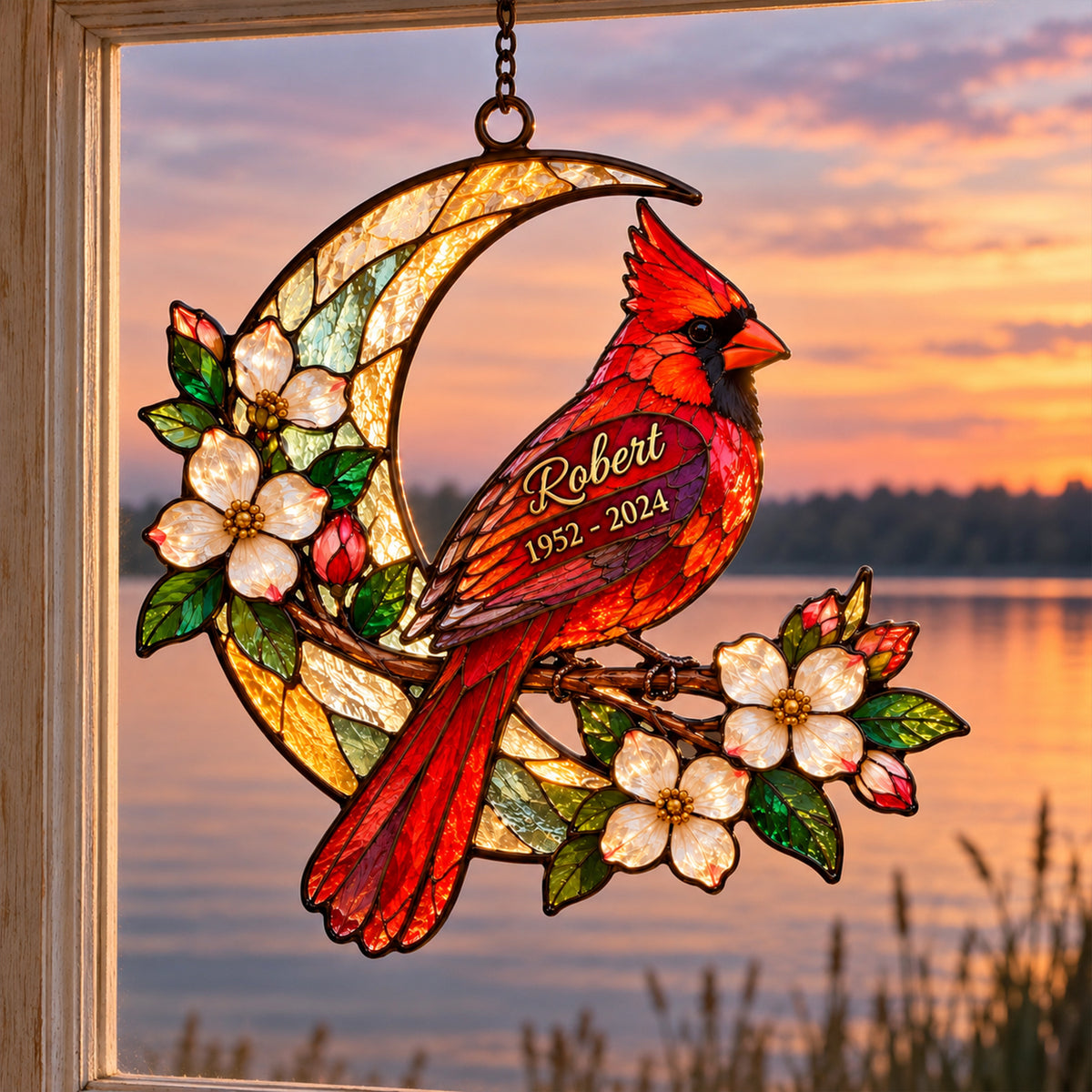 Personalized Cardinal Memorial Window Hanging – Custom Name & Dates