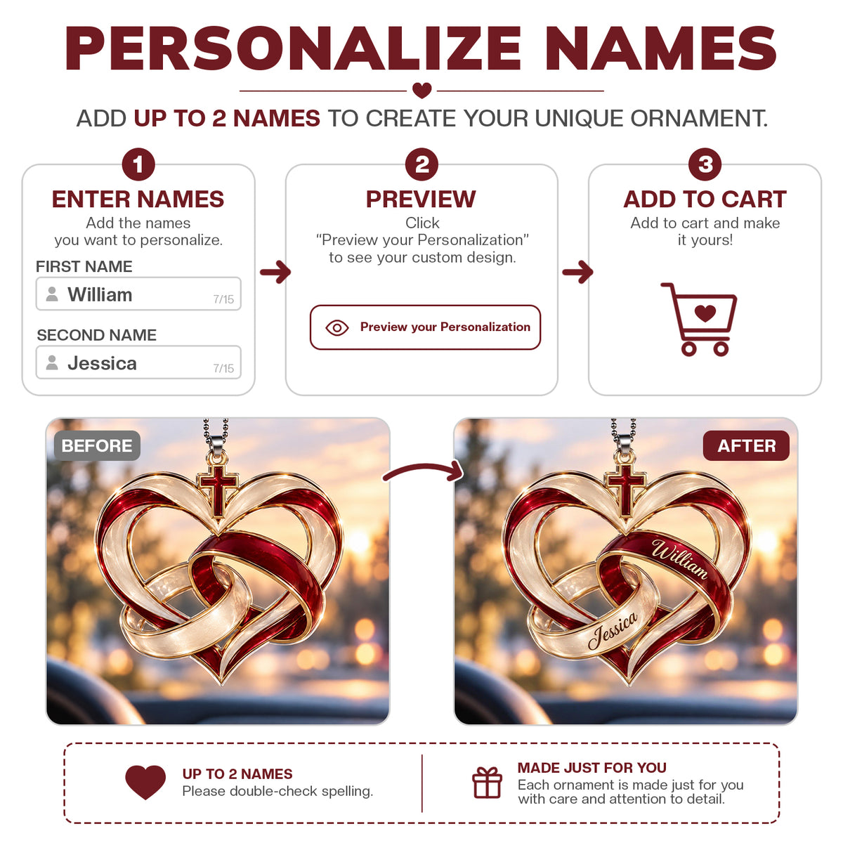 Personalized Names Cross Heart Ornament – Christian Couple Gift