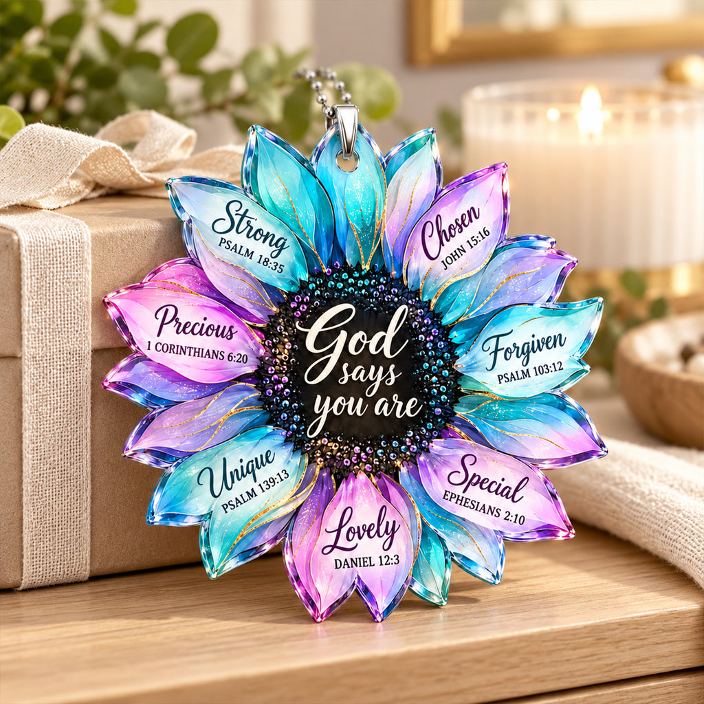 God Says You Are Loved Hologram Sunflower Car Ornament - Inspirational Christian Gift