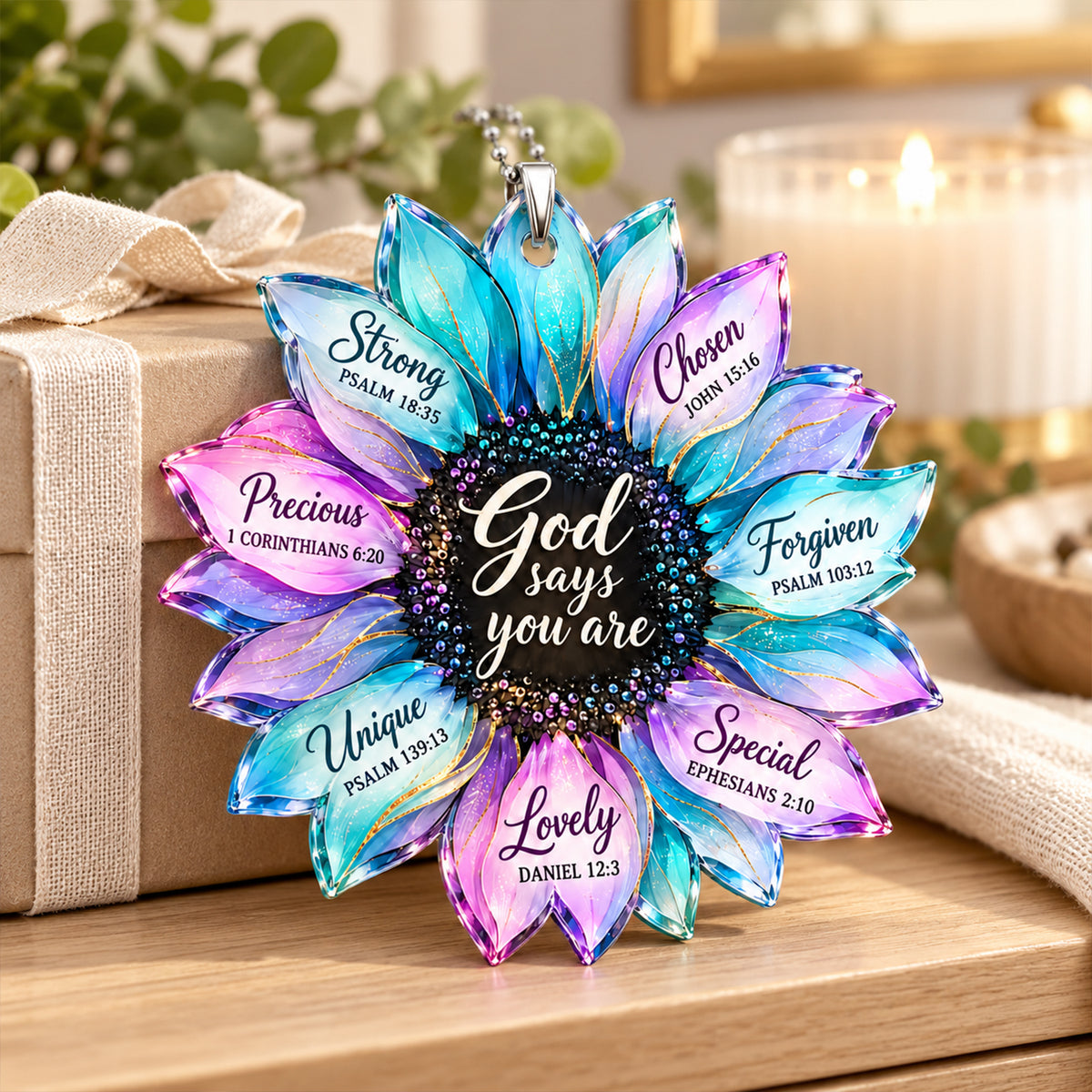 God Says You Are Loved Hologram Sunflower Car Ornament - Inspirational Christian Gift