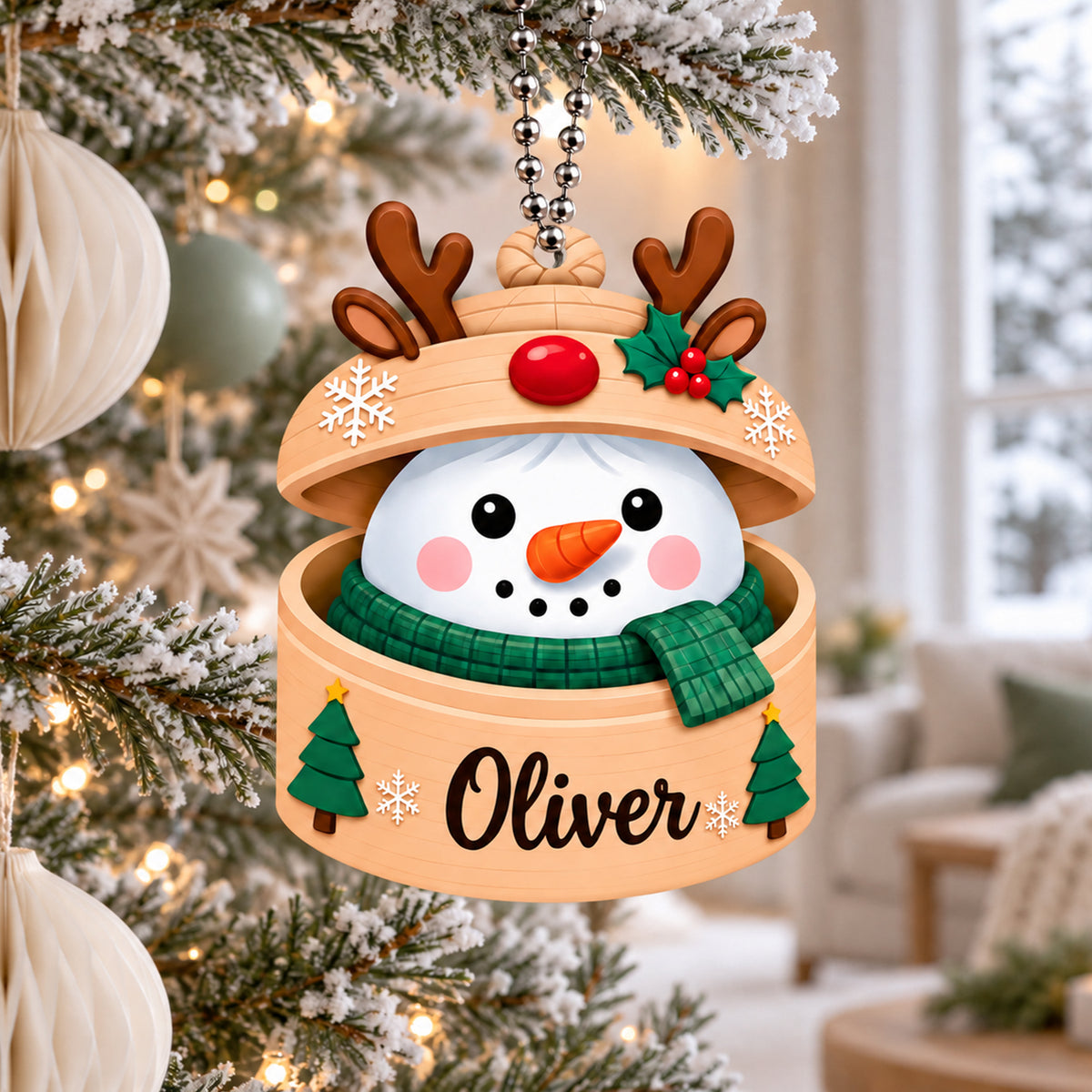 Personalized Name Snowman in Reindeer Hat Ornament – Custom Christmas Keepsake