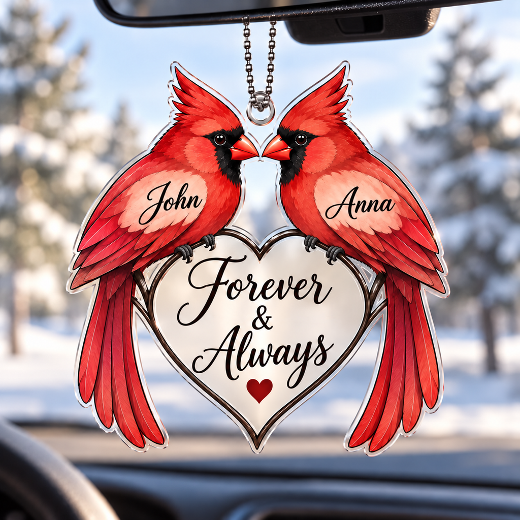 Personalized Cardinal Couple Ornament  - Custom Names Forever & Always Heart Car Ornament Gift for Couples, Anniversary Gifts for Husband & Wife
