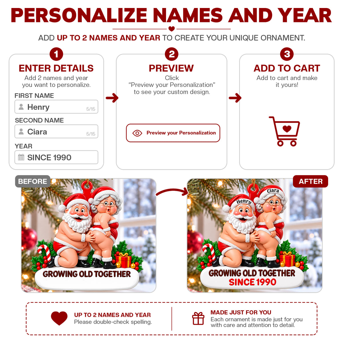Personalized Funny Santa Couple 3D Ornament, Growing Old Together Since Ornament, Gift for Couple, Husband,