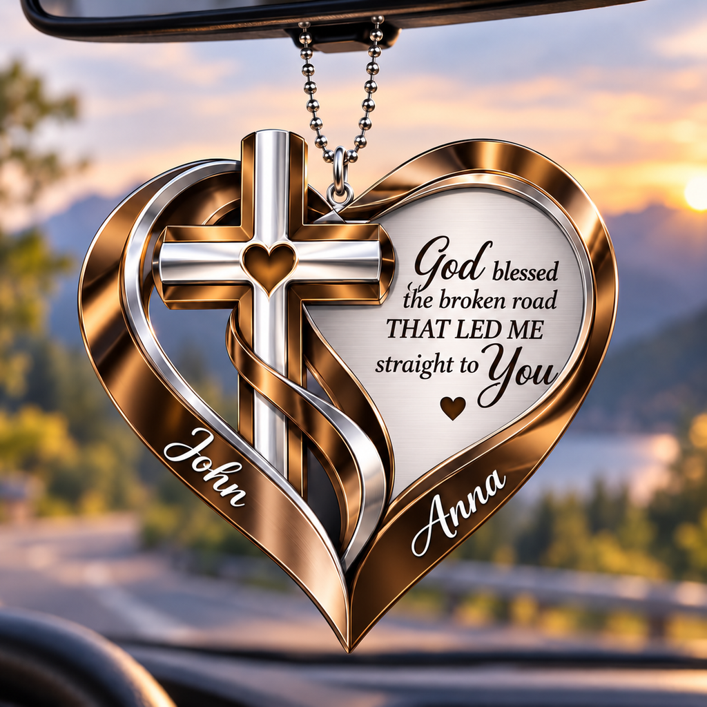 Personalized Memorial Cross Heart Ornament – God Blessed the Broken Road Car Ornament - Ideal Gift for Couples, Gift for Jesus Lovers