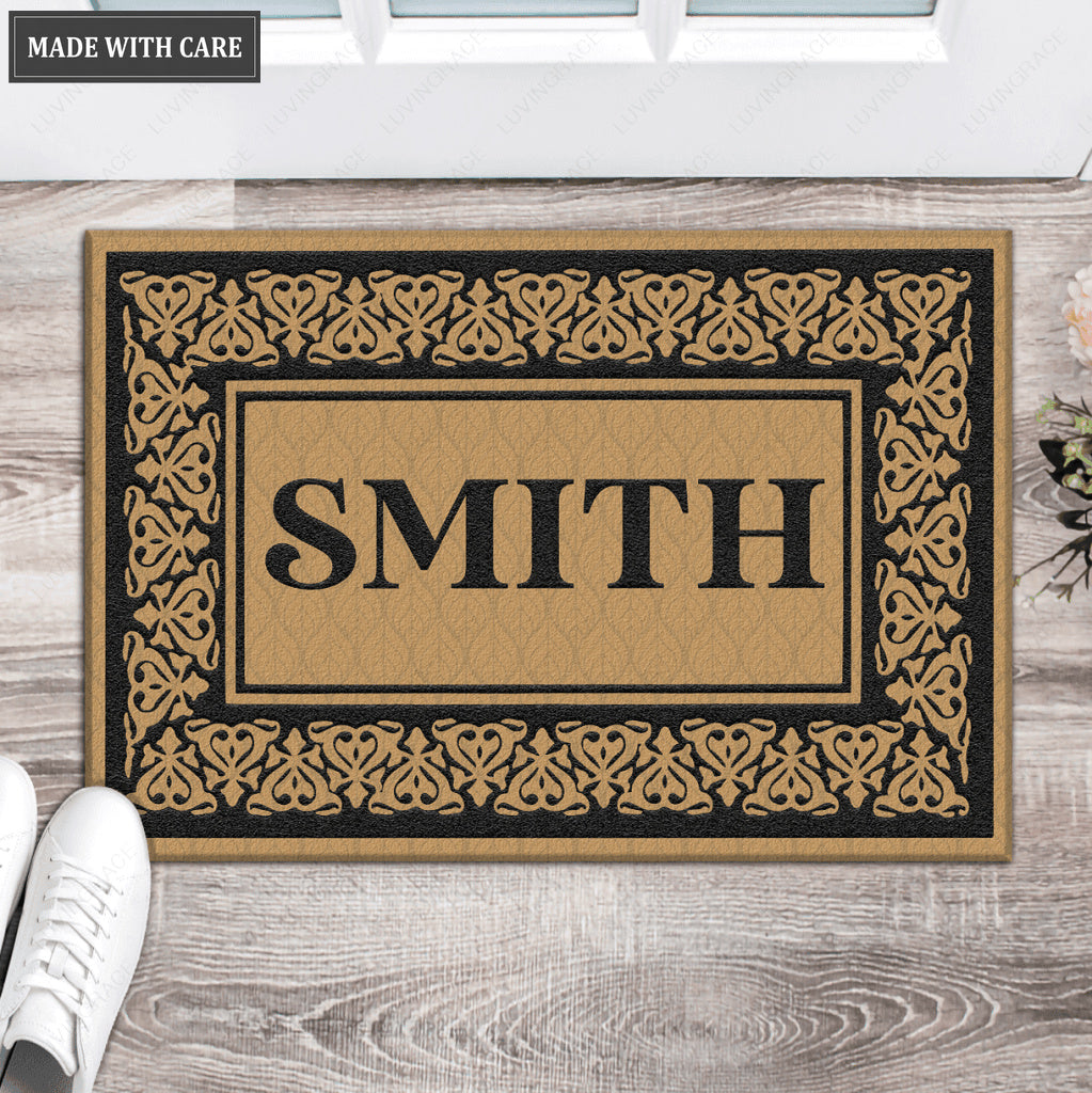Black Blooming Hearts Bordered Personalized Family Name Doormat