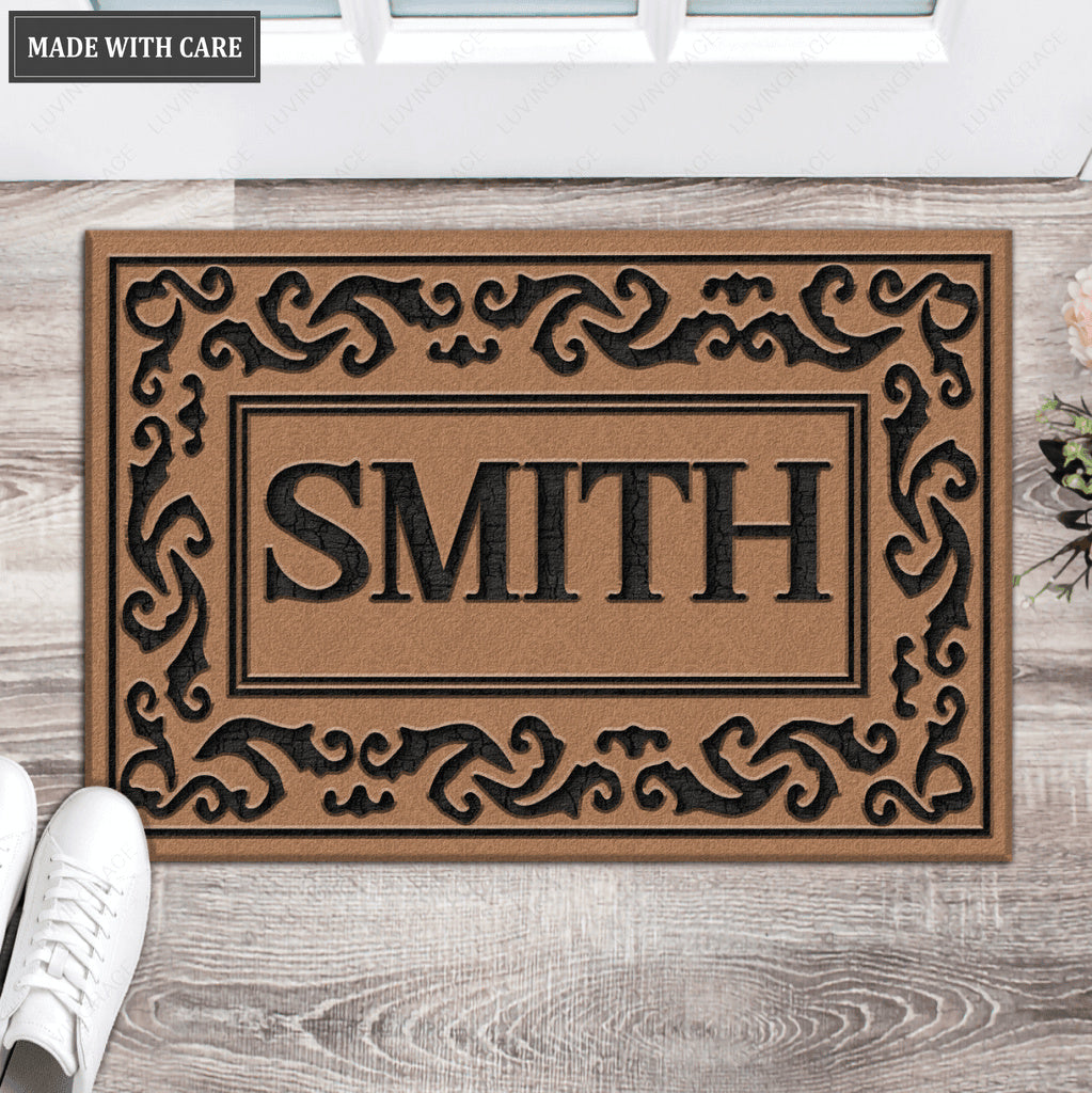 Black Rolling Scrolls Bordered Personalized Family Name Doormat